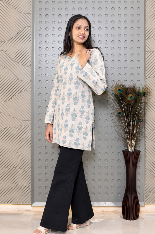 Cream Blue Floral Printed Straight Kurti for Women