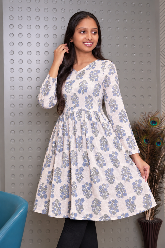 Cream Blue Floral Printed Anarkali Kurti for Women