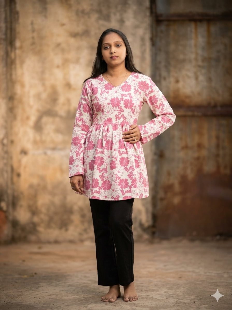 Pink Floral Printed Women's Tunic Top