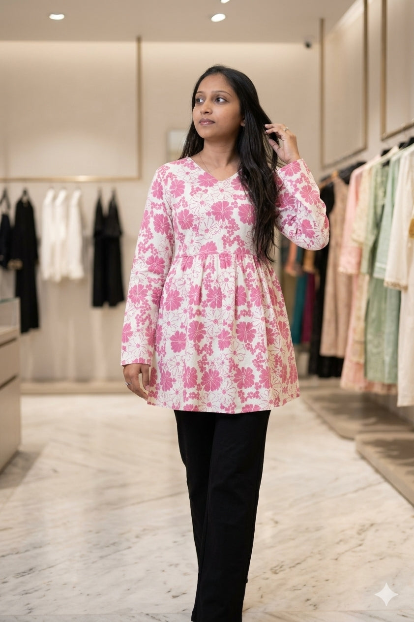 Pink Floral Printed Women's Tunic Top