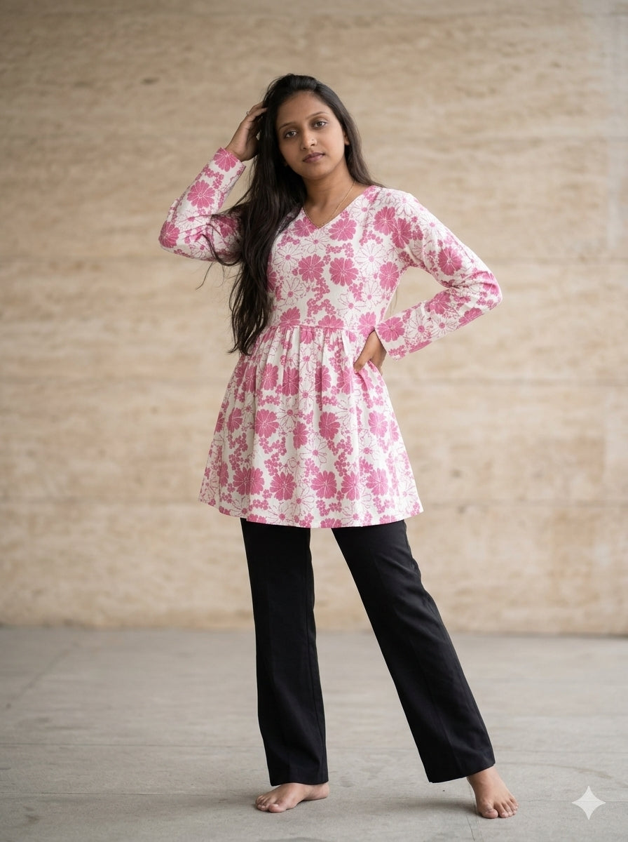 Pink Floral Printed Women's Tunic Top