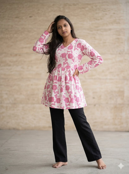 Pink Floral Printed Women's Tunic Top
