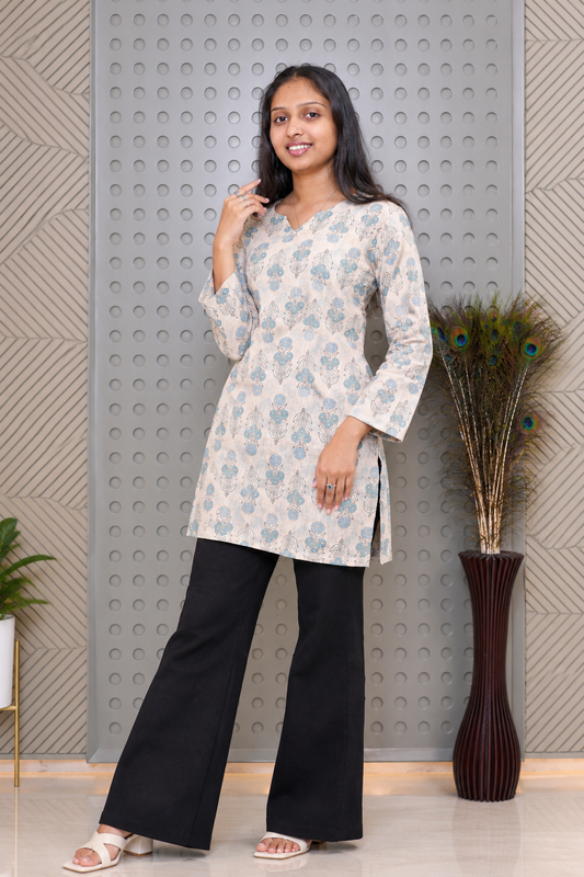 Cream Blue Floral Printed Straight Kurti for Women