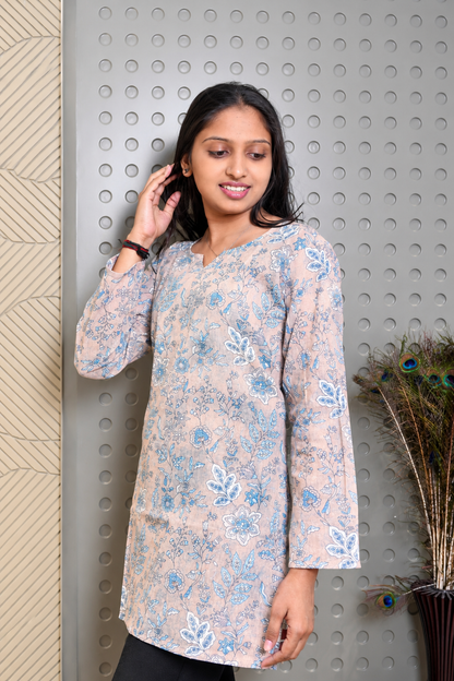 Peach Blue Floral Printed Straight Kurti for Women