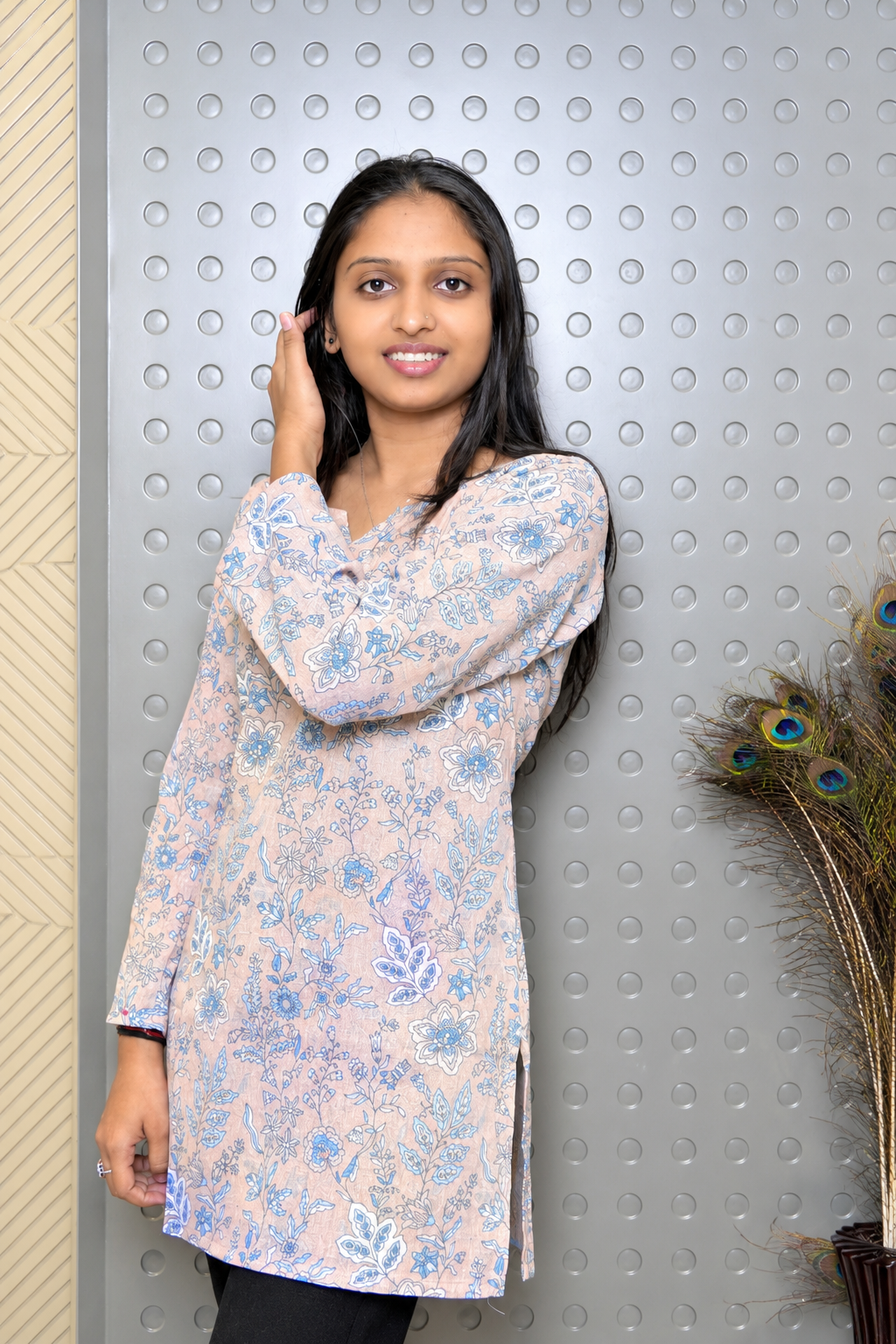 Peach Blue Floral Printed Straight Kurti for Women