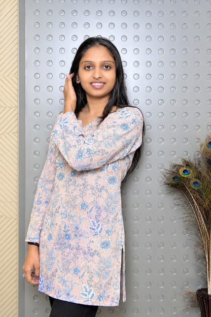 Peach Blue Floral Printed Straight Kurti for Women