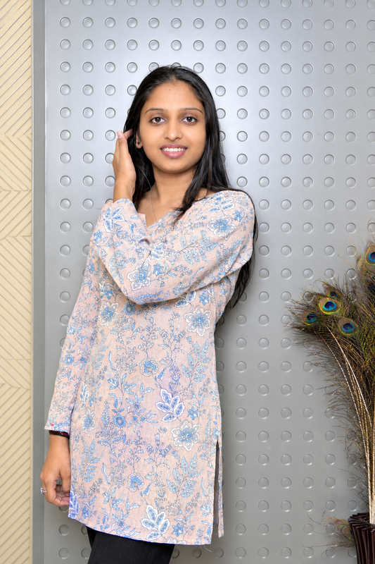 Peach Blue Floral Printed Straight Kurti for Women
