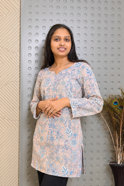 Peach Blue Floral Printed Straight Kurti for Women
