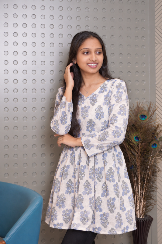Cream Blue Floral Printed Anarkali Kurti for Women